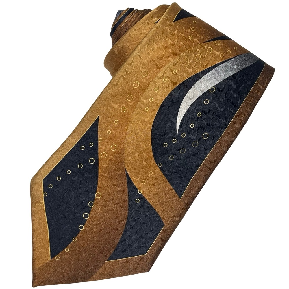 Vintage Enrico Capucci Tie Mens Gold Abstract Geometric Silk Hand Made Necktie